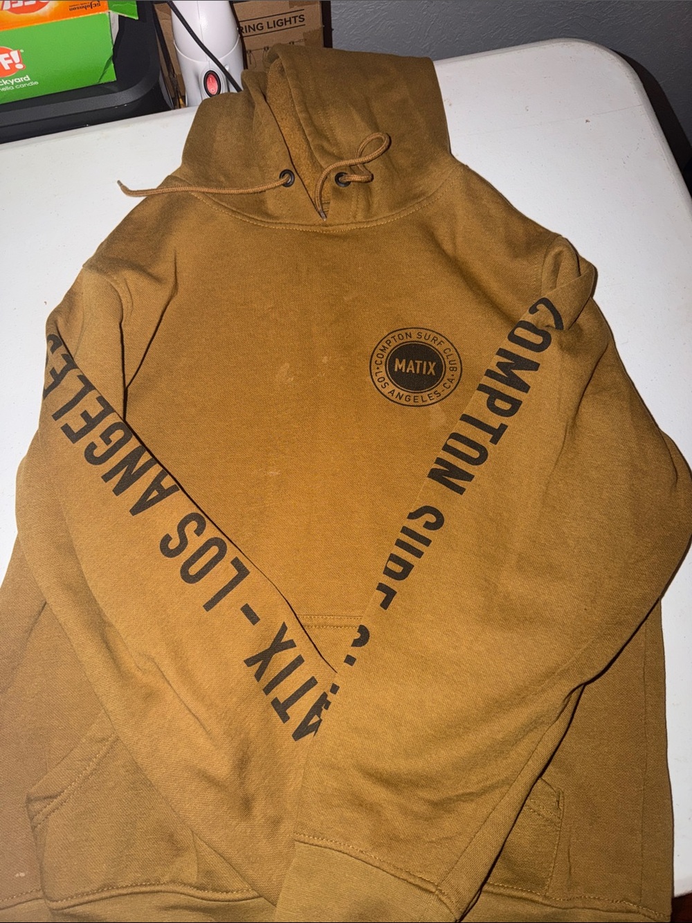 Matix Mustard Brown Hooded Sweatshirt with Compton Surf Co. Sleeve Print